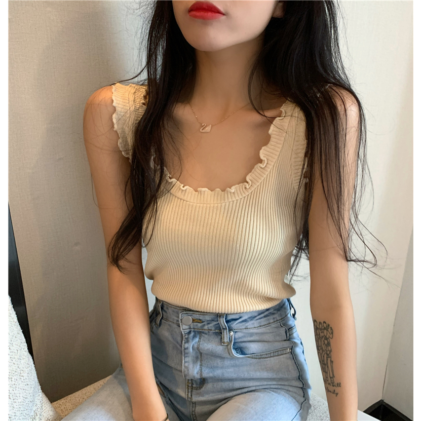 Lalisas Áo Dệt Kim Hai Dây Dáng Ôm Viền Bèo Ngọt Ngào Thời Trang Hàn Quốc Cho Nữ