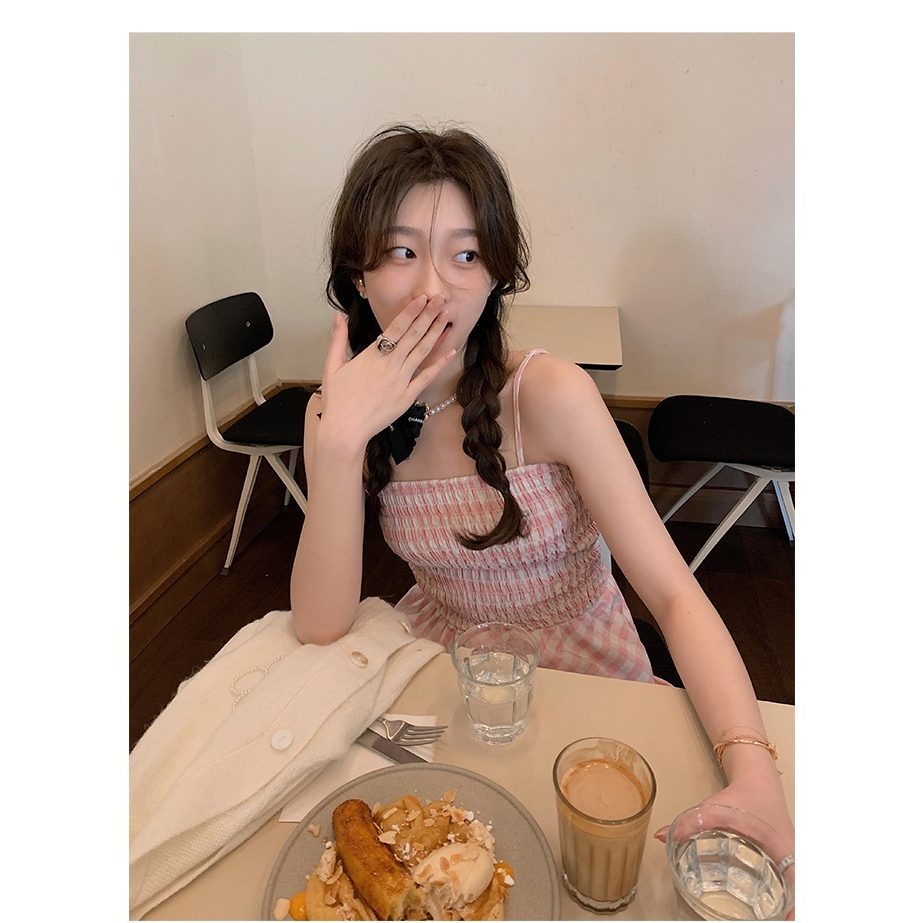 Đầm Dài Hai Dây Ôm Eo Mềm Mại Họa Tiết Sọc Caro Màu Hồng Phong Cách Nhật Bản Ngọt Ngào Cho Nữ