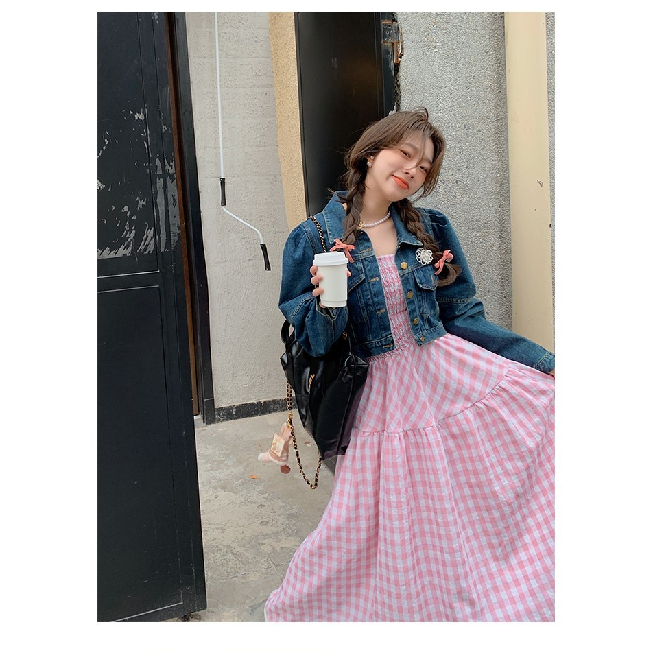 Đầm Dài Hai Dây Ôm Eo Mềm Mại Họa Tiết Sọc Caro Màu Hồng Phong Cách Nhật Bản Ngọt Ngào Cho Nữ