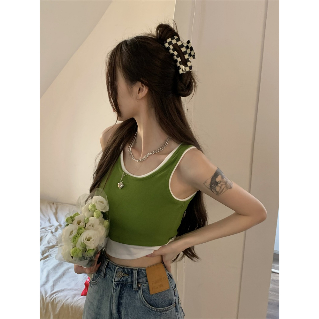 ZHELIHANGFEI Áo Croptop Giả Hai Mảnh Màu Xanh Lá Cây Phong Cách Thể Thao Mùa Hè Cho Nữ