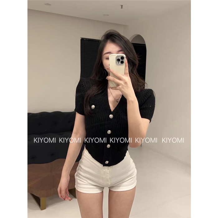 Áo Sweater Ôm Dáng Tay Ngắn Cổ Chữ V Màu Trơn Quyến Rũ Cho Nữ