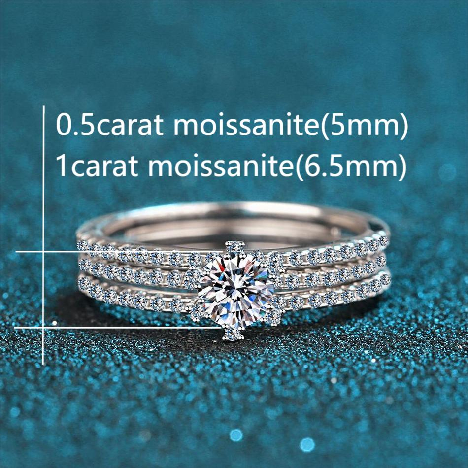 XDY-843 Nhẫn nữ 925 bạc nguyên chất, 0.5 carat/1 carat Moissanite (bao gồm giấy chứng nhận), 5mm/6.5mm Zircon