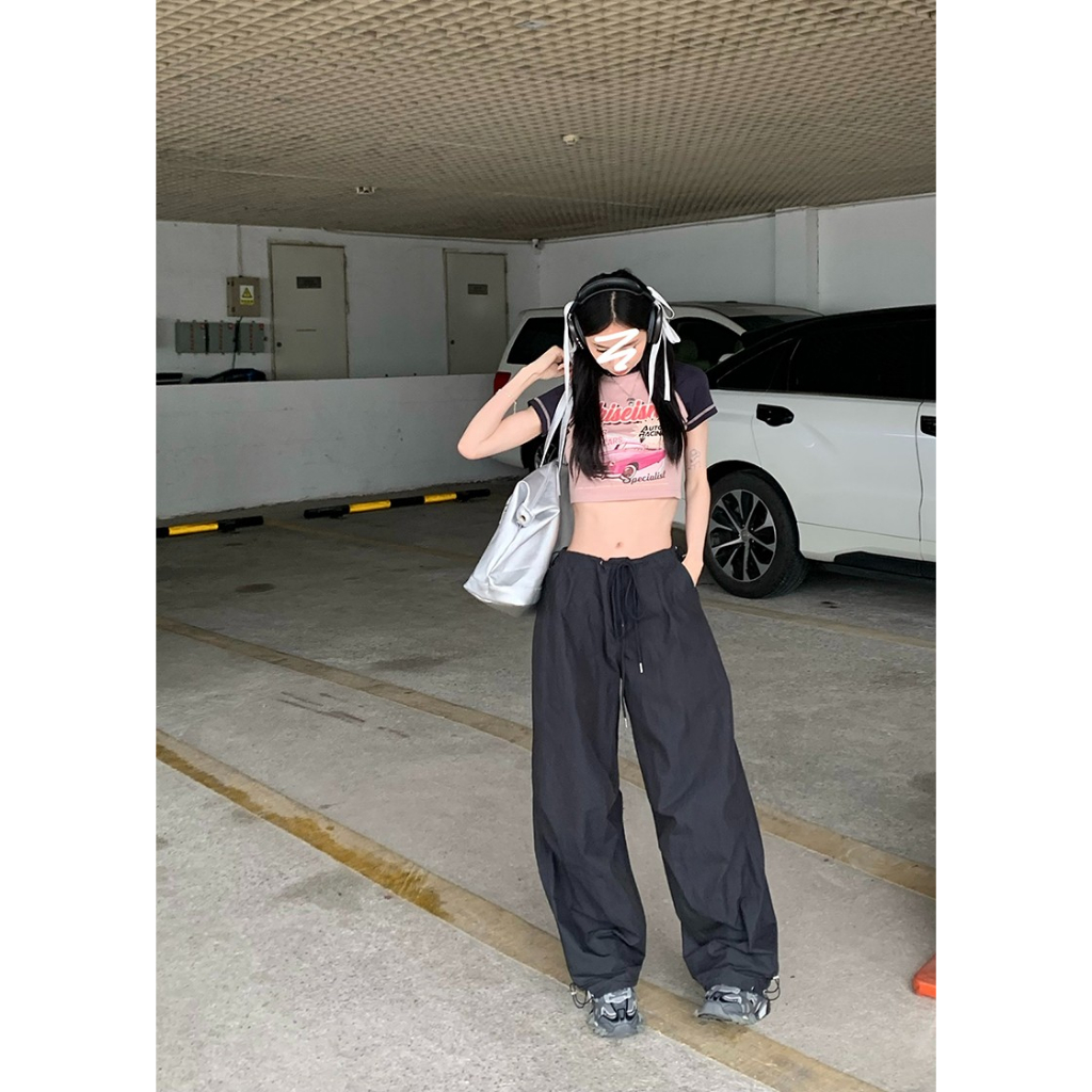 Quần Yếm Dây Rút Ống Rộng Eo Cao Thiết Kế Mới Mùa Hè Phong Cách Retro Mỹ Cho Nữ