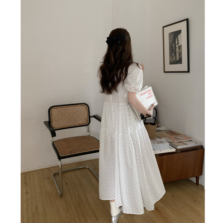 Đầm Dáng Dài Tay Phồng Họa Tiết Chấm Bi Phong Cách Hàn Quốc