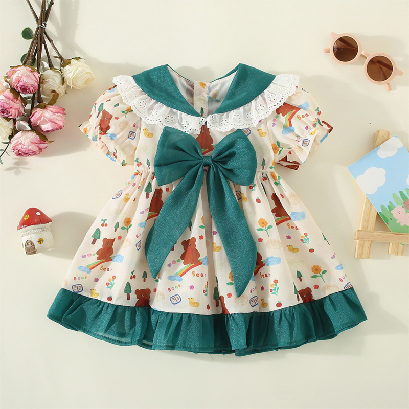Đầm Trắng Tay Ngắn Phồng Đính Nơ In Họa Tiết Gấu Hoạt Hình Dễ Thương Cho Bé Gái 0-3 Tuổi
