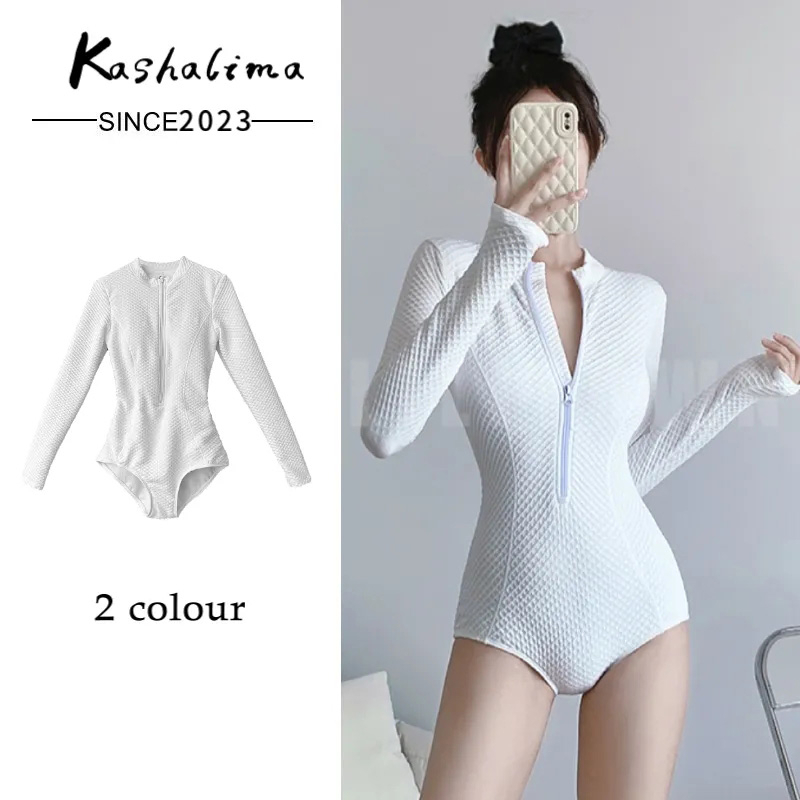Bộ Đồ Bơi Tay Dài Chống Nắng Màu Trắng Có Khóa Kéo Phong Cách Hàn Quốc Thời Trang Cho Nữ tp455