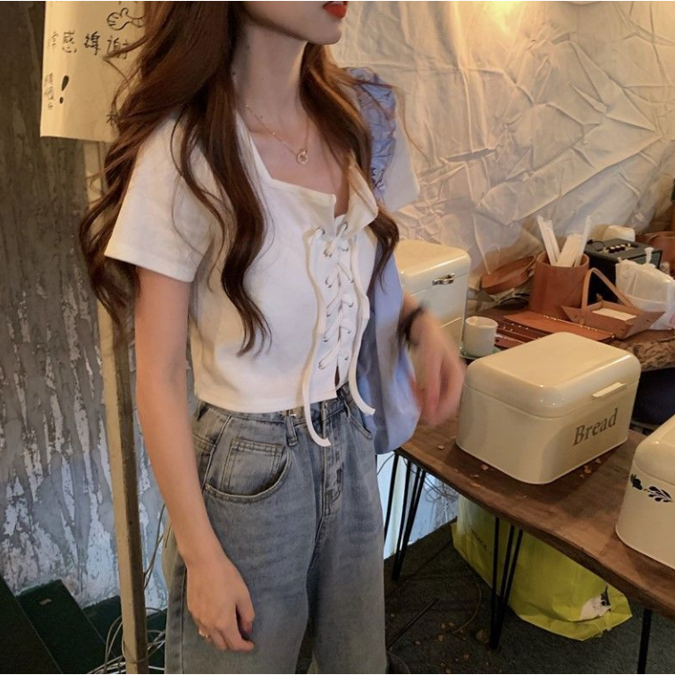 Áo Thun Tay Ngắn Cổ Vuông Phong Cách Pháp Thời Trang Mùa Hè Xinh Xắn Cho Nữ