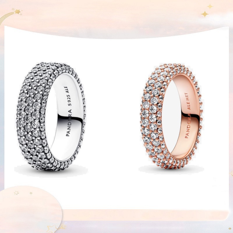 PANDORA Nhẫn Đôi Mạ Bạc 925 Đính Đá Lấp Lánh Thời Gian