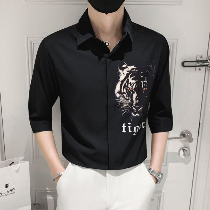 Áo Sơ Mi Nam Tay Lửng Dáng Ôm In Hình Đầu Hổ Phong Cách Hàn Quốc Thời Trang Mùa Hè Cỡ M-2xl