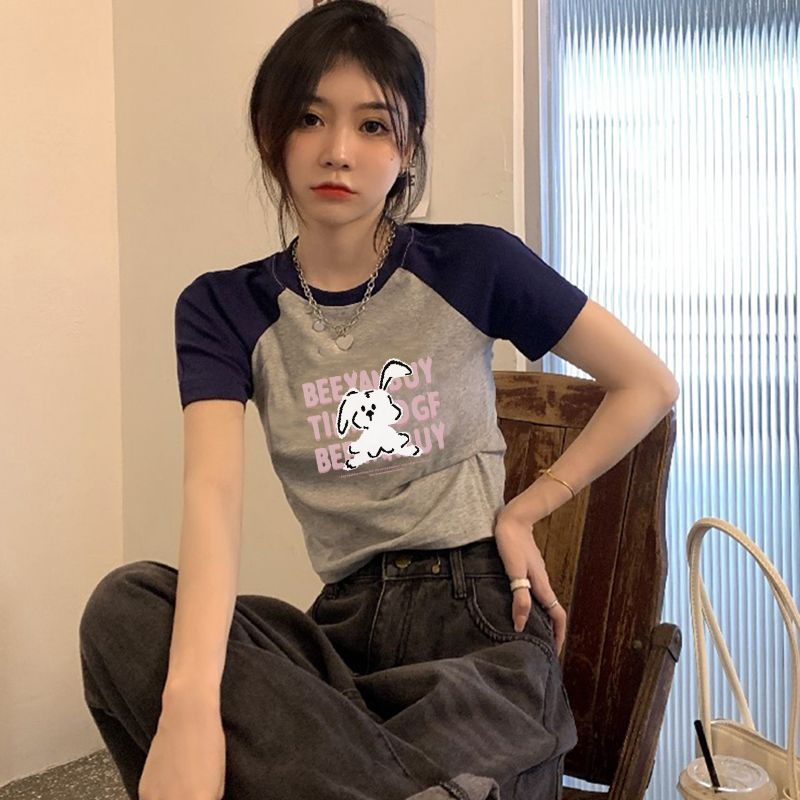 QADCOL Áo Thun Ngắn Tay Cổ Tròn In Hình Thỏ Màu Sắc Tương Phản Thời Trang Cho Nữ