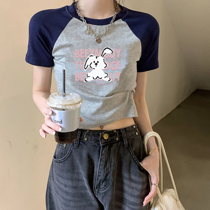 QADCOL Áo Thun Ngắn Tay Cổ Tròn In Hình Thỏ Màu Sắc Tương Phản Thời Trang Cho Nữ