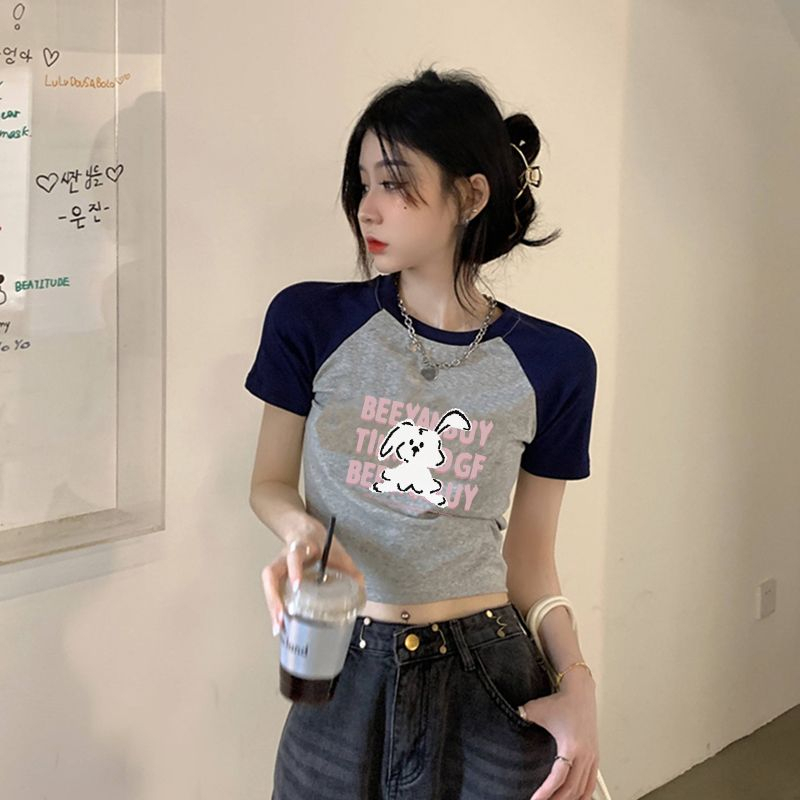 QADCOL Áo Thun Ngắn Tay Cổ Tròn In Hình Thỏ Màu Sắc Tương Phản Thời Trang Cho Nữ