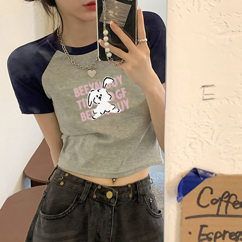 QADCOL Áo Thun Ngắn Tay Cổ Tròn In Hình Thỏ Màu Sắc Tương Phản Thời Trang Cho Nữ