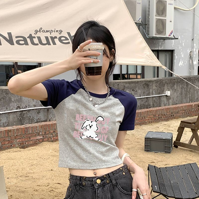 QADCOL Áo Thun Ngắn Tay Cổ Tròn In Hình Thỏ Màu Sắc Tương Phản Thời Trang Cho Nữ