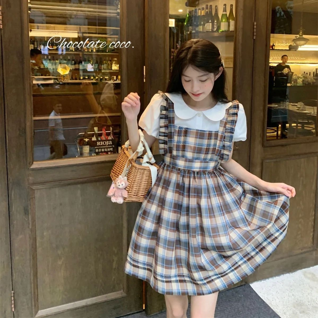 ZHELIHANGFEI Bộ Áo Sơ Mi Tay Phồng Cổ Búp Bê + Chân Váy Yếm Sọc Ca Rô Thời Trang Hàn Quốc Cho