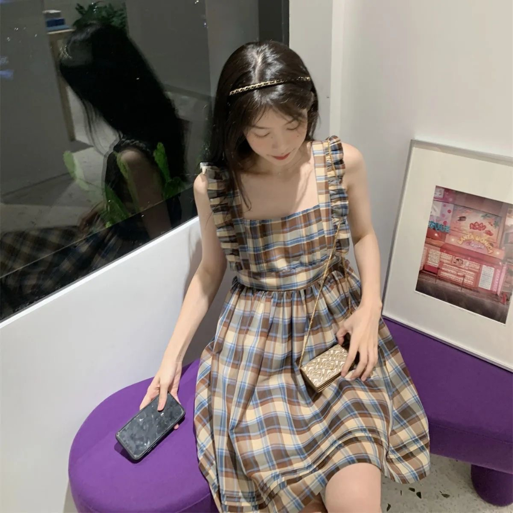 ZHELIHANGFEI Bộ Áo Sơ Mi Tay Phồng Cổ Búp Bê + Chân Váy Yếm Sọc Ca Rô Thời Trang Hàn Quốc Cho