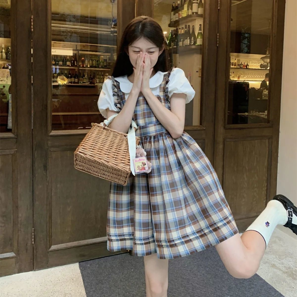 ZHELIHANGFEI Bộ Áo Sơ Mi Tay Phồng Cổ Búp Bê + Chân Váy Yếm Sọc Ca Rô Thời Trang Hàn Quốc Cho