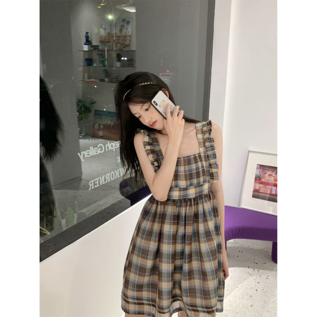 ZHELIHANGFEI Bộ Áo Sơ Mi Tay Phồng Cổ Búp Bê + Chân Váy Yếm Sọc Ca Rô Thời Trang Hàn Quốc Cho