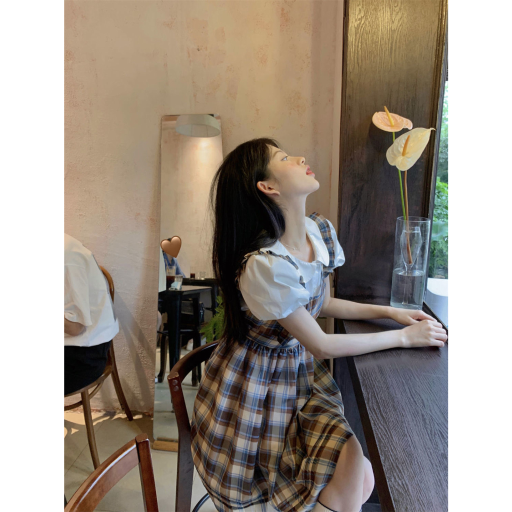 ZHELIHANGFEI Bộ Áo Sơ Mi Tay Phồng Cổ Búp Bê + Chân Váy Yếm Sọc Ca Rô Thời Trang Hàn Quốc Cho