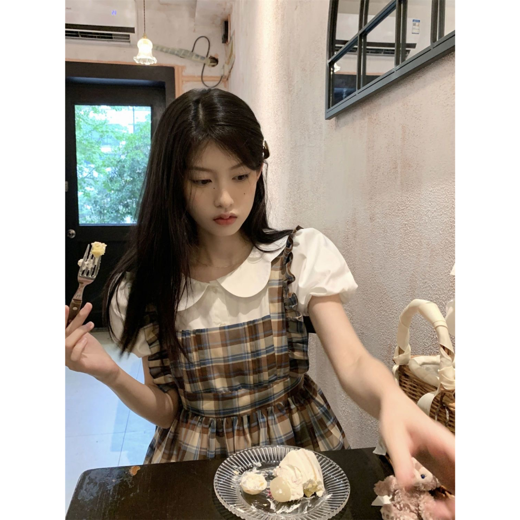 ZHELIHANGFEI Bộ Áo Sơ Mi Tay Phồng Cổ Búp Bê + Chân Váy Yếm Sọc Ca Rô Thời Trang Hàn Quốc Cho