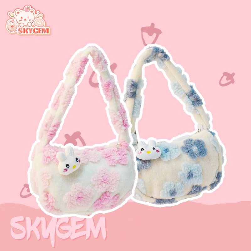 Túi Lông Cừu Cầm Tay Có Khóa Kéo In Họa Tiết Hoạt Hình Phong Cách Nhật Hàn