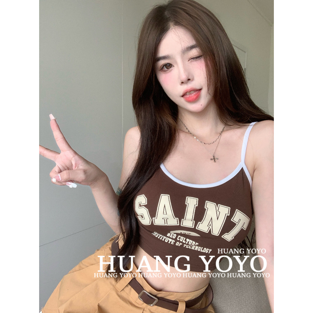 Áo Croptop Hai Dây Dáng Ôm In Chữ Phong Cách Mỹ Cổ Điển Thời Trang Mùa Hè Cho Bạn Gái