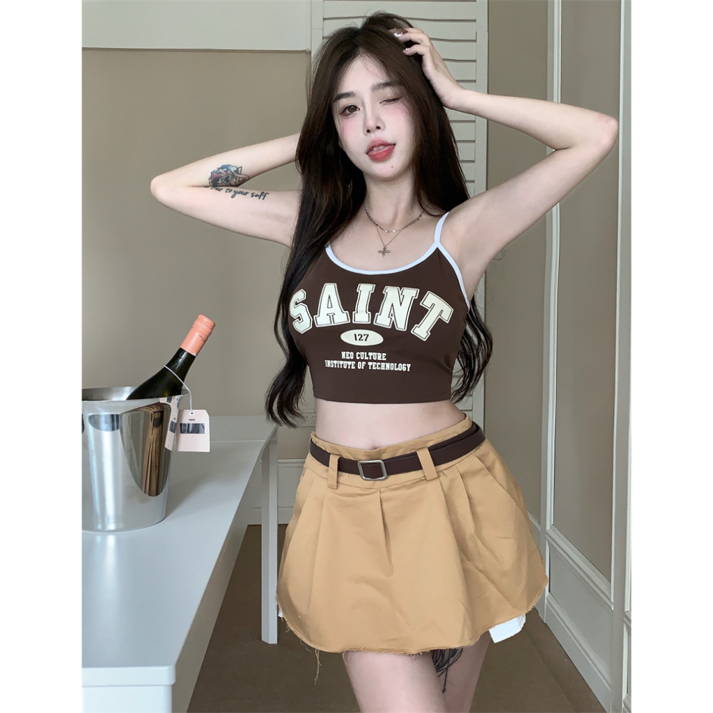 Áo Croptop Hai Dây Dáng Ôm In Chữ Phong Cách Mỹ Cổ Điển Thời Trang Mùa Hè Cho Bạn Gái