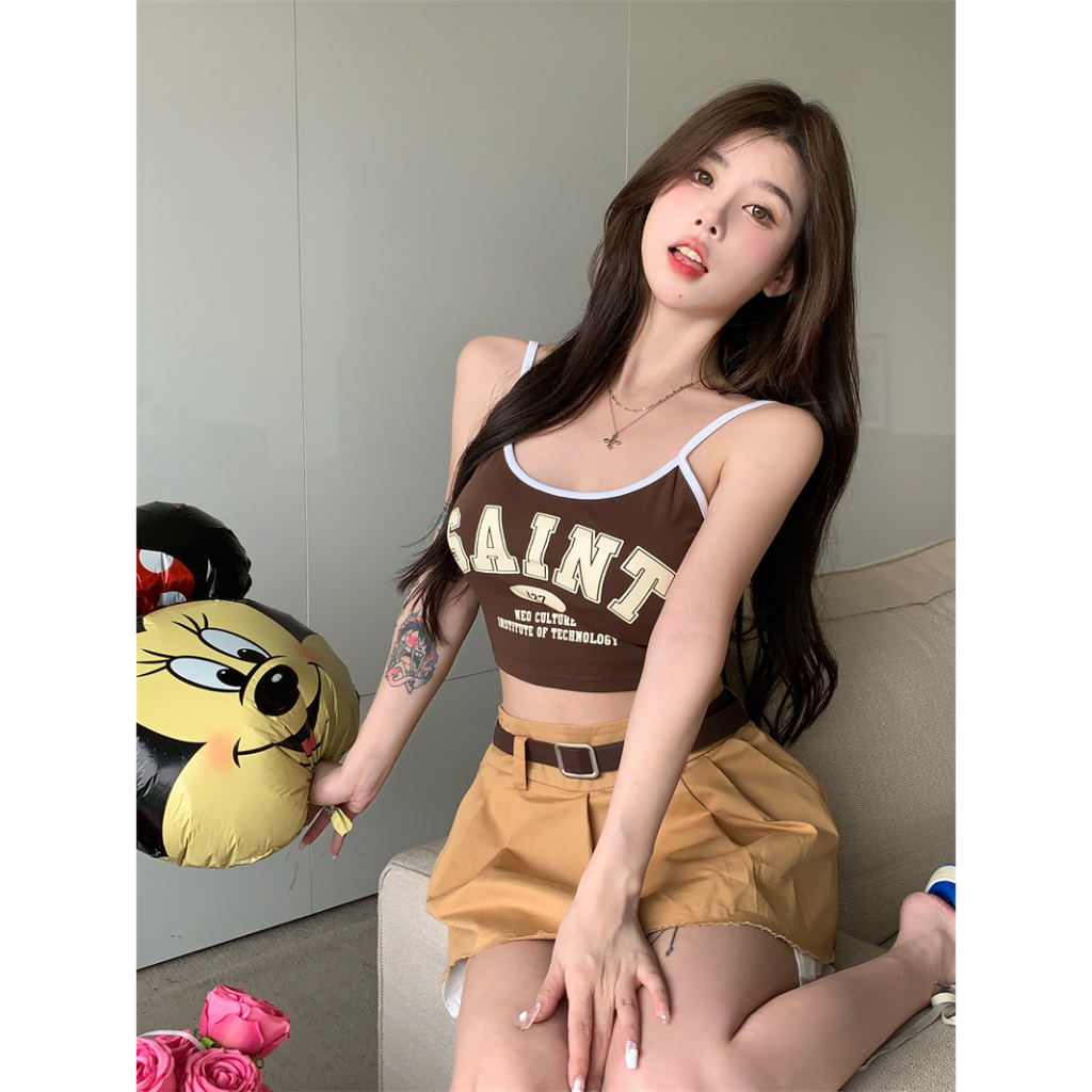 Áo Croptop Hai Dây Dáng Ôm In Chữ Phong Cách Mỹ Cổ Điển Thời Trang Mùa Hè Cho Bạn Gái