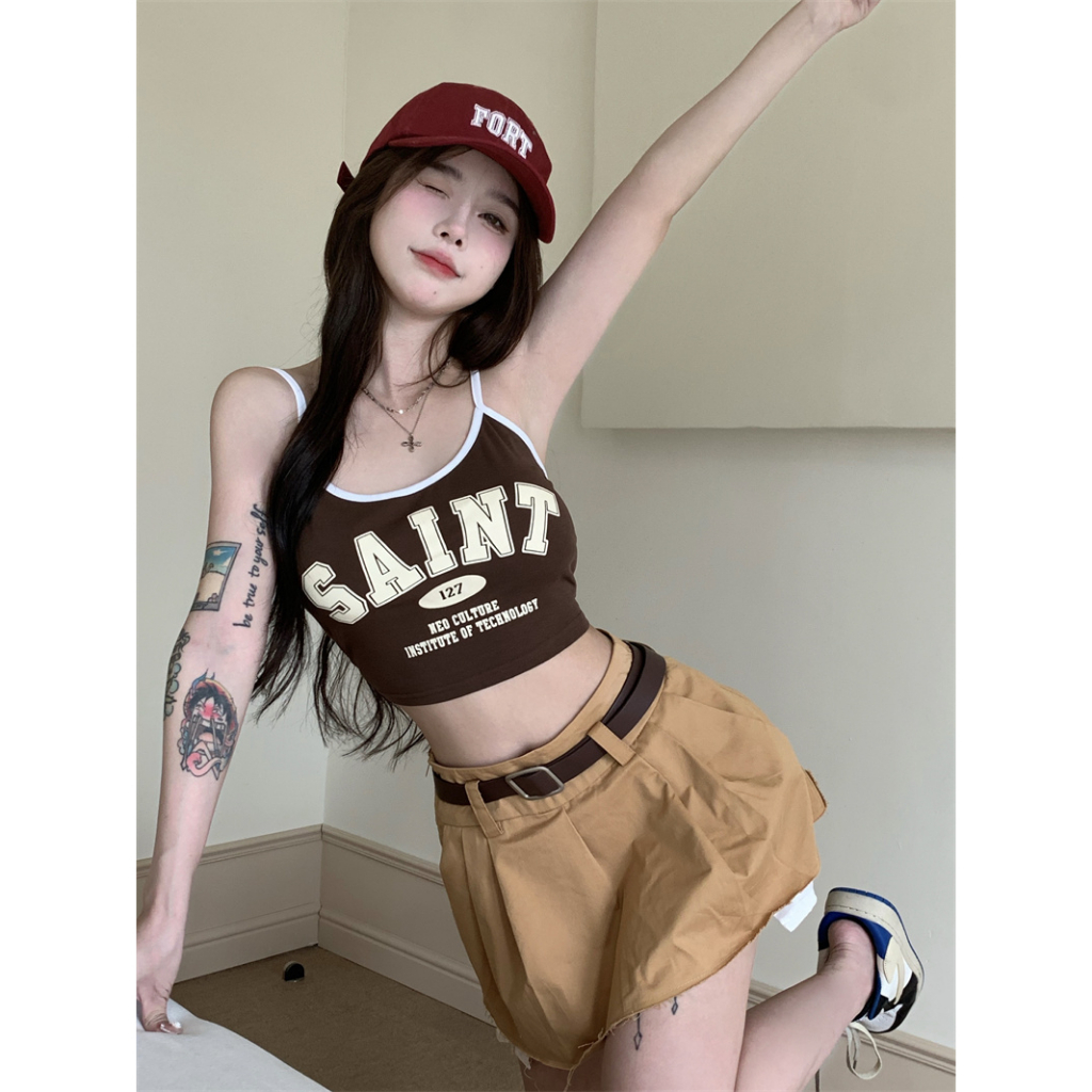 Áo Croptop Hai Dây Dáng Ôm In Chữ Phong Cách Mỹ Cổ Điển Thời Trang Mùa Hè Cho Bạn Gái