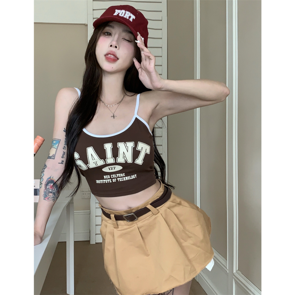 Áo Croptop Hai Dây Dáng Ôm In Chữ Phong Cách Mỹ Cổ Điển Thời Trang Mùa Hè Cho Bạn Gái