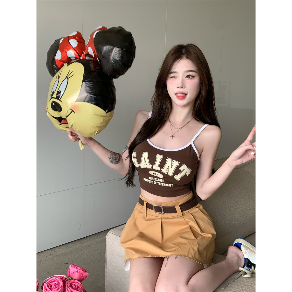 Áo Croptop Hai Dây Dáng Ôm In Chữ Phong Cách Mỹ Cổ Điển Thời Trang Mùa Hè Cho Bạn Gái