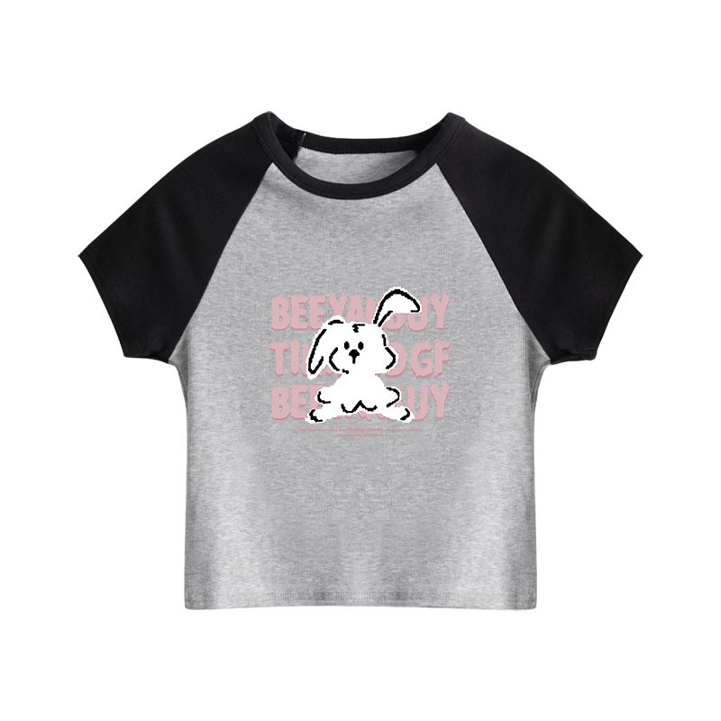 QADCOL Áo Thun Ngắn Tay Cổ Tròn In Hình Thỏ Màu Sắc Tương Phản Thời Trang Cho Nữ