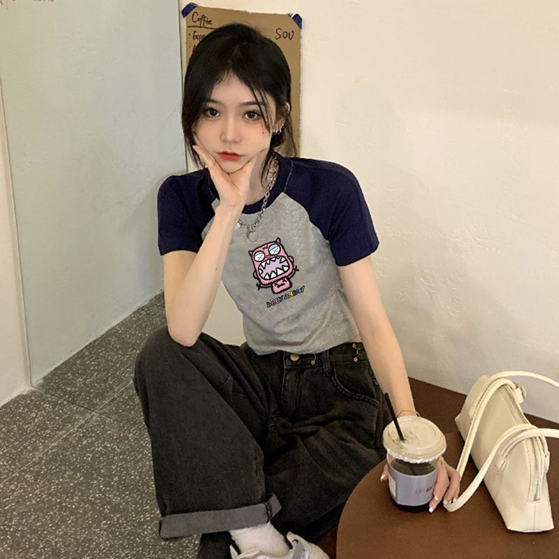 QADCOL Áo Thun Ngắn Tay Cổ Tròn Màu Sắc Tương Phản Thời Trang Cho Nữ