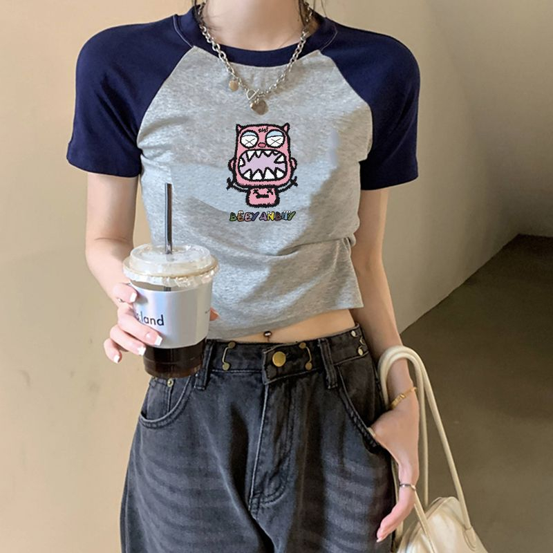 QADCOL Áo Thun Ngắn Tay Cổ Tròn Màu Sắc Tương Phản Thời Trang Cho Nữ