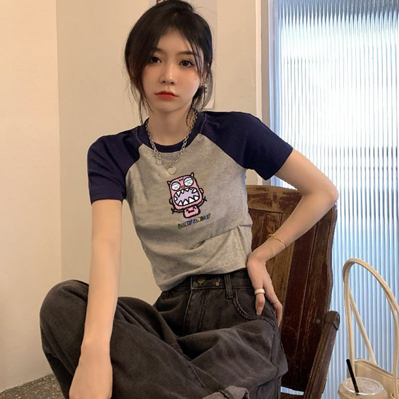 QADCOL Áo Thun Ngắn Tay Cổ Tròn Màu Sắc Tương Phản Thời Trang Cho Nữ