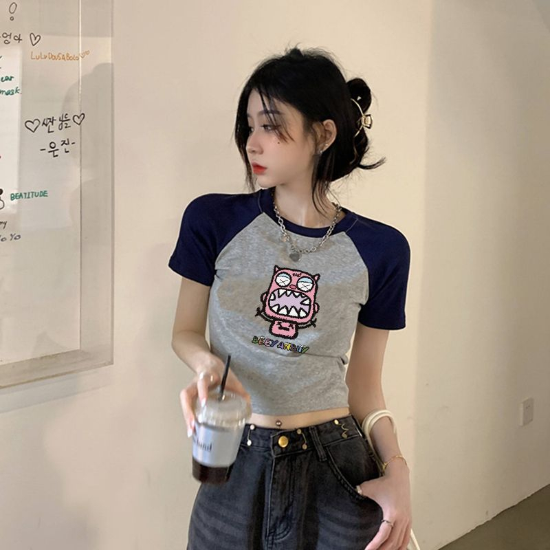 QADCOL Áo Thun Ngắn Tay Cổ Tròn Màu Sắc Tương Phản Thời Trang Cho Nữ