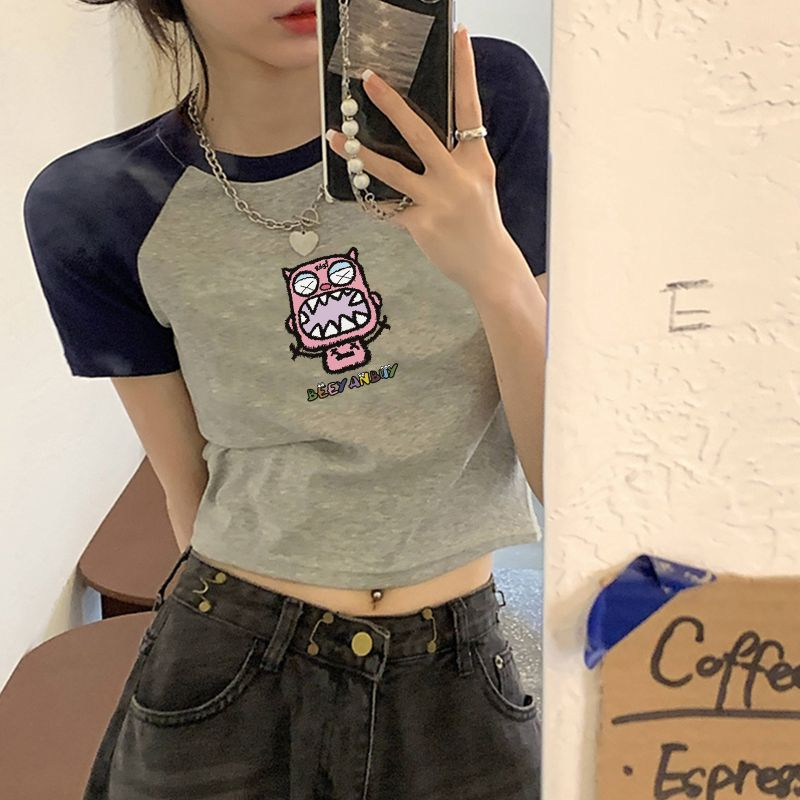 QADCOL Áo Thun Ngắn Tay Cổ Tròn Màu Sắc Tương Phản Thời Trang Cho Nữ