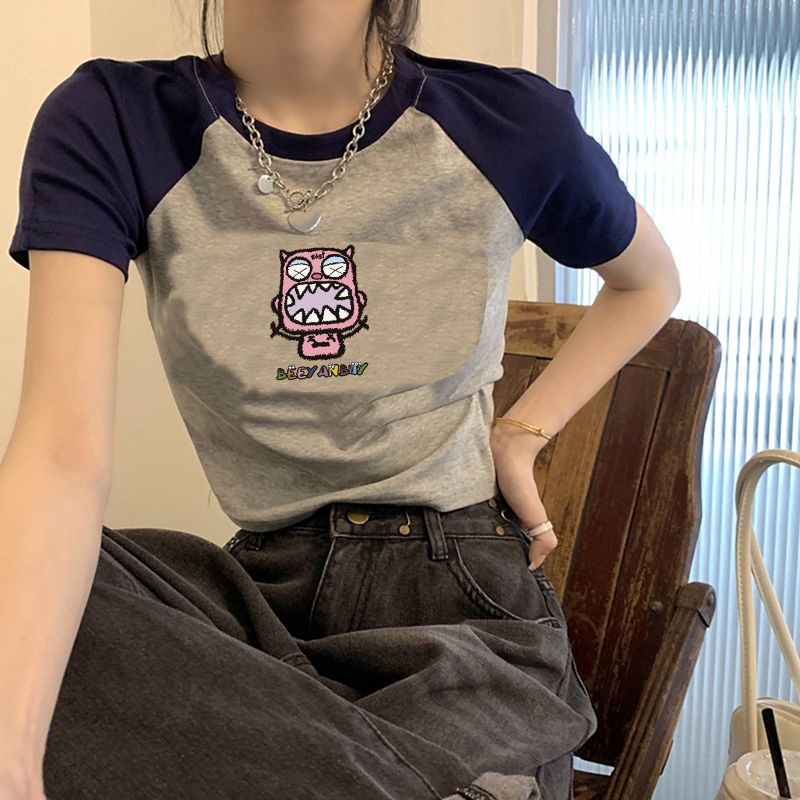 QADCOL Áo Thun Ngắn Tay Cổ Tròn Màu Sắc Tương Phản Thời Trang Cho Nữ