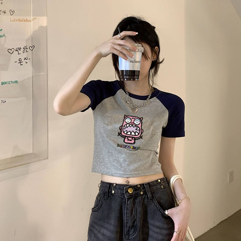 QADCOL Áo Thun Ngắn Tay Cổ Tròn Màu Sắc Tương Phản Thời Trang Cho Nữ