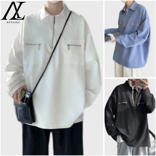 ♞AFF LIGA♞ Áo Sơ Mi Tay Dài Dáng Rộng Màu Trơn Phối Túi Đơn Giản Thời Trang Hàn Quốc Mới Cho Nam