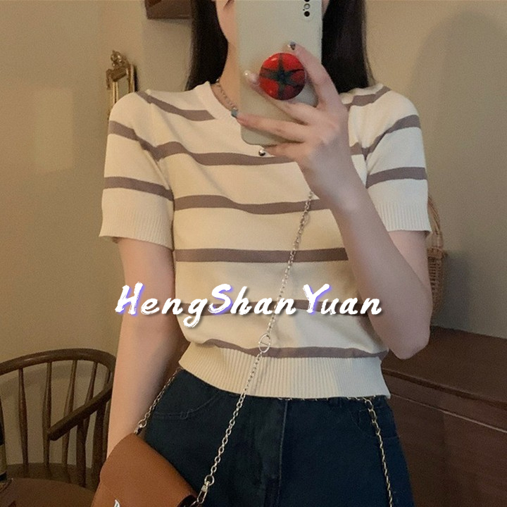 Áo thun HENG SHAN YUAN ngắn tay họa tiết kẻ sọc thời trang dành cho nữ