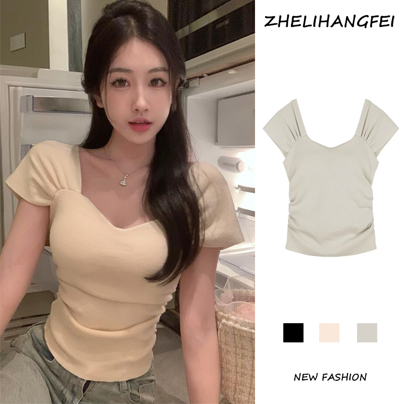 ZHELIHANGFEI Áo Dệt Kim Ngắn Tay Lưng Cao Thiết Kế Ngọt Ngào Quyến Rũ