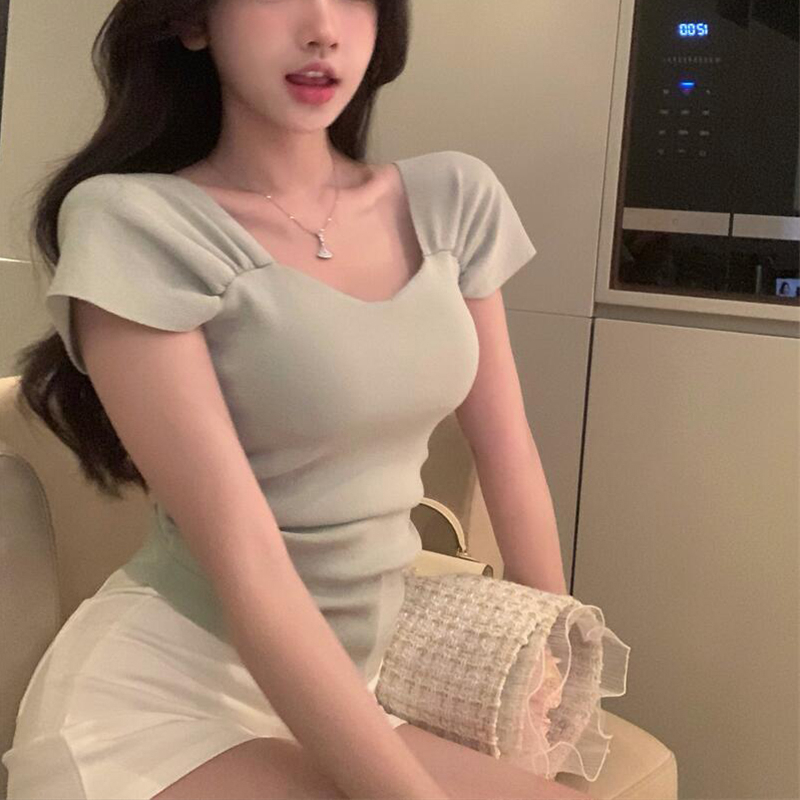 ZHELIHANGFEI Áo Dệt Kim Ngắn Tay Lưng Cao Thiết Kế Ngọt Ngào Quyến Rũ