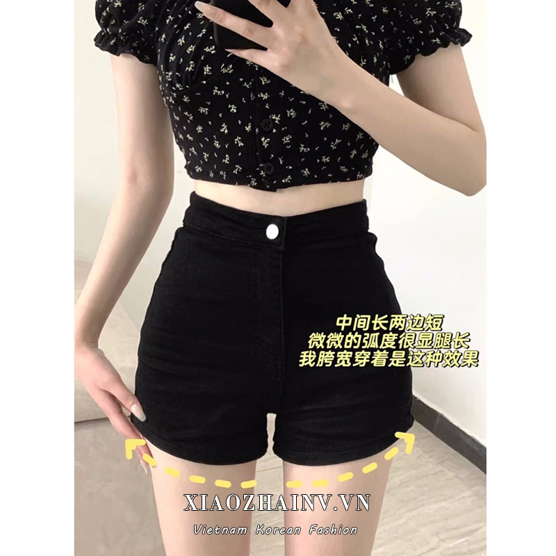 Xiaozhainv Quần Short denim Lưng Cao Màu Đen Thời Trang Mùa Hè Cho Nữ