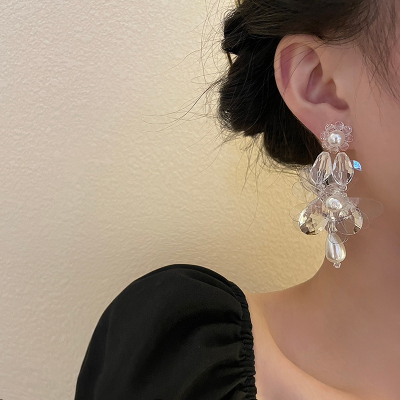 ☆Giày Thể Thao Z Z Z Chất Lượng Cao☆ Bông Tai Dáng Dài Hình Hoa Trong Suốt Đính Ngọc Trai Handmade Phong Cách Pháp Thời Trang Sang Trọng