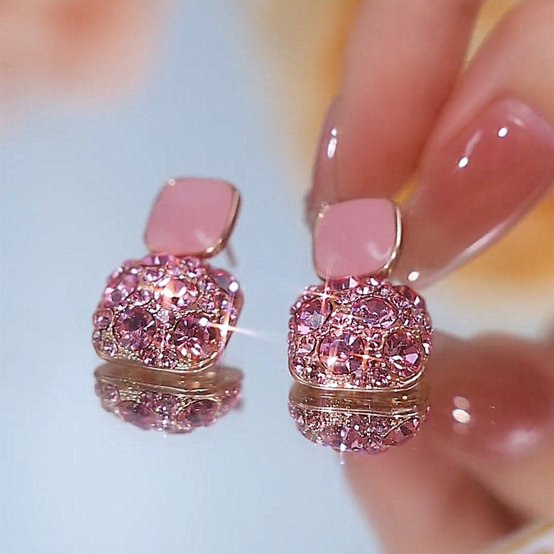 Khuyên Tai Hình Học Đính Đá Zircon Màu Hồng Đẹp Mắt Dành Cho Nữ