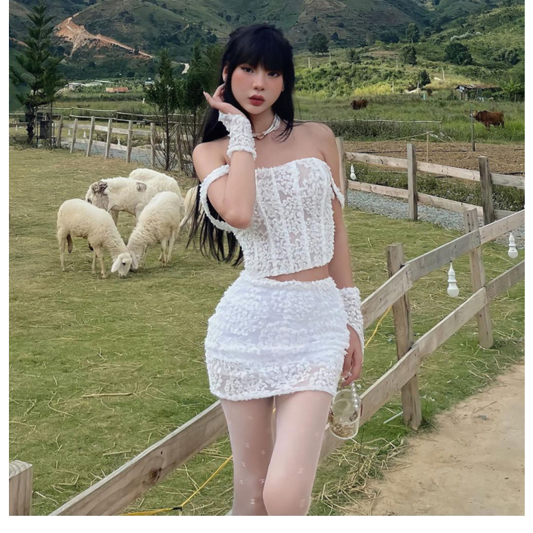 Klalien set Áo Ống Họa Tiết Ren Trắng Xương Cá Kèm Chân Váy Ngắn Ôm Hông Cho Nữ hot