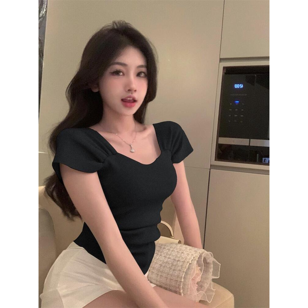 ZHELIHANGFEI Áo Dệt Kim Ngắn Tay Lưng Cao Thiết Kế Ngọt Ngào Quyến Rũ