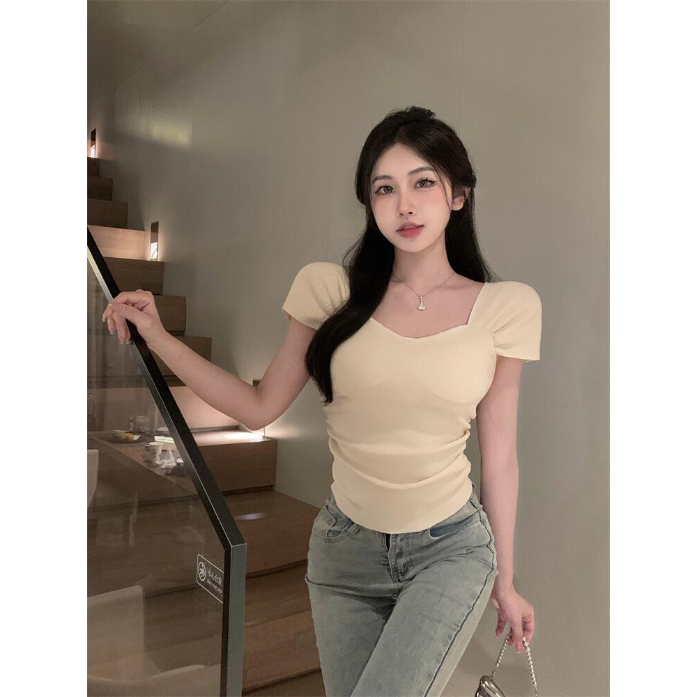 ZHELIHANGFEI Áo Dệt Kim Ngắn Tay Lưng Cao Thiết Kế Ngọt Ngào Quyến Rũ