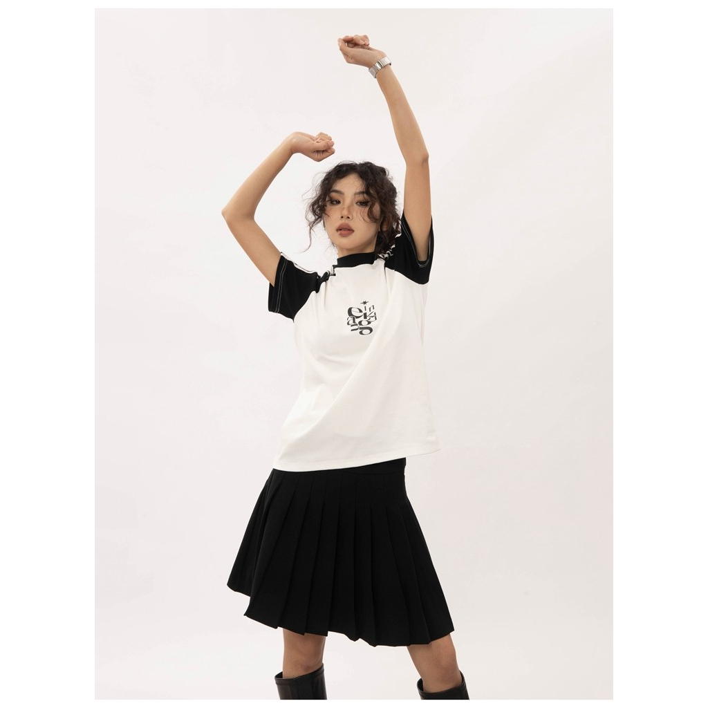 Áo Thun Tay Ngắn Raglan Màu Sắc Tương Phản Phong Cách Mỹ Thời Trang Mùa Hè 2023 Mới Cho Nữ